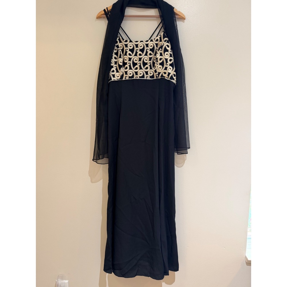Lenovia USA Black Gold Embroidered Evening Gown Maxi Dress with Shawl XL 5305